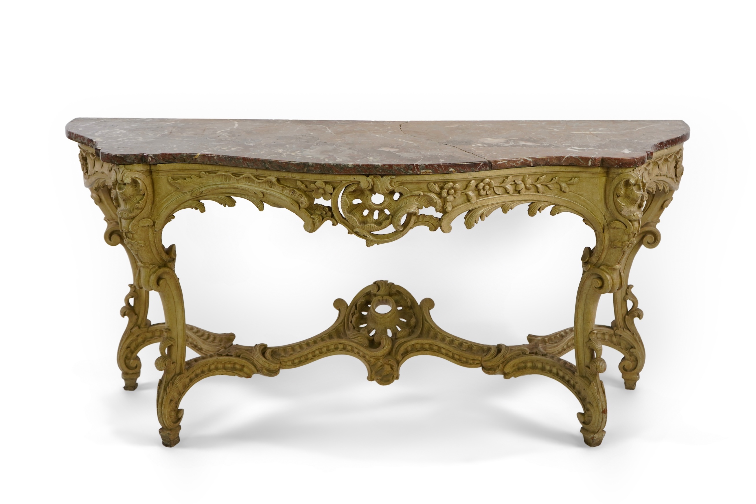 A 19th century Louis XV style marble topped painted serpentine console table